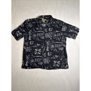 Caribbean JOE Men's Size XL Black White Rayon Button Down SS Hawaiian Shirt